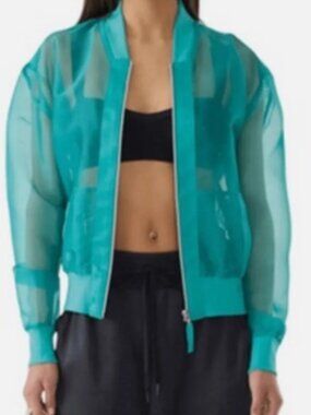 GSTQ Sheer Bomber Jacket In PEACOCK Zip Up Chiffon Womens Sz 3X  - NWT
